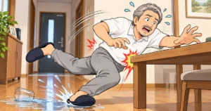 こぼれた水で足を滑らせ、テーブルの角に腰をぶつけるトケイのイラスト