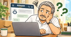 Amazonの問い合わせ画面を前に困惑するトケイのイラスト
